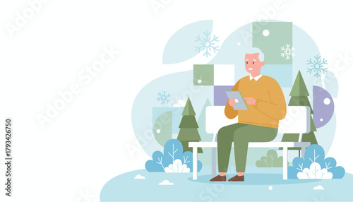 Elderly man uses tablet on park bench Retirement winter fun and digital lifestyle