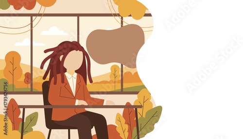 Professional woman with dreadlocks sitting by a window overlooking autumn nature