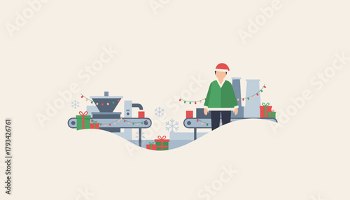 Festive factory worker production line Santas helper making gifts on conveyor belts