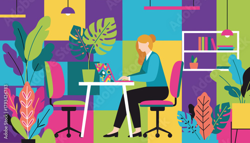 Remote work in a vibrant plantfilled modern office Woman using laptop for business or creative job