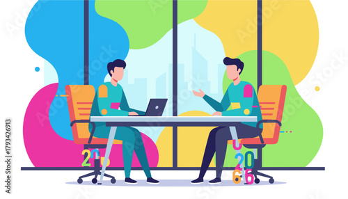 Businessmen meeting in a modern vibrant office Corporate discussion and collaboration illustration