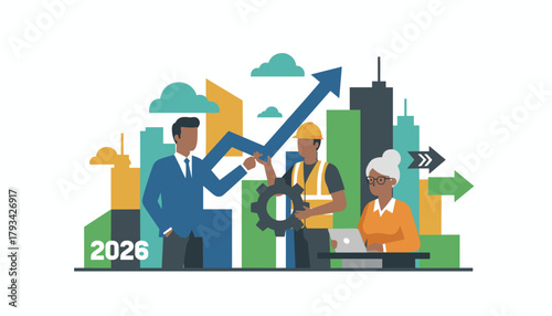 Diverse professionals collaborate on 2026 growth strategy in the city