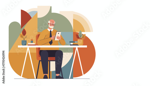 Senior man using a tablet at a desk Digital communication learning and business concept