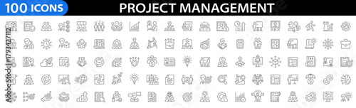 Project management 100 line Big icon set. Time management, strategy, planning, task, scope, scheduling, budget, teamwork, working, manager and more. Vector illustration