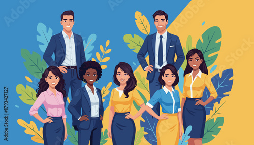 Diverse professional team smiling Business success teamwork and empowerment in a colorful setting