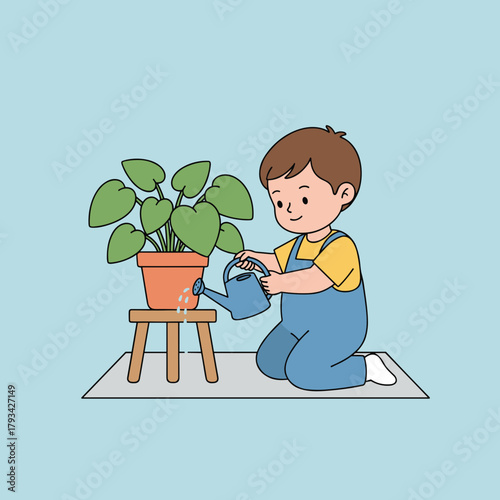 Happy boy watering a potted houseplant with a blue watering can Cute cartoon illustration of care
