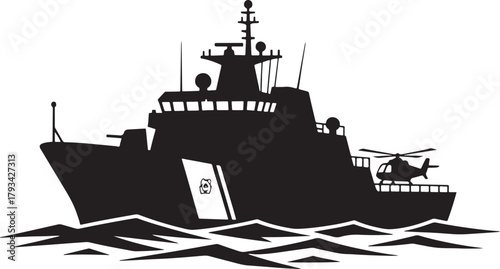 Silhouette of a Coast Guard Cutter with Helicopter