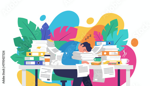 Burnout Exhausted employee asleep among piles of documents and folders