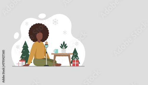 Black woman records a holiday podcast at home cozy with Christmas trees microphone and gifts