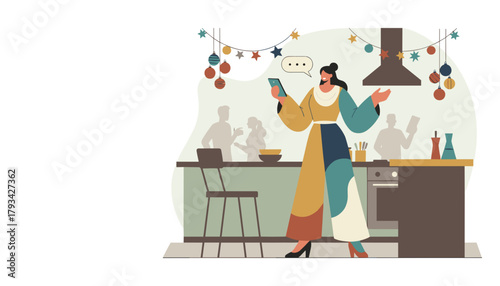 Woman texts on her smartphone at a festive holiday party in a modern kitchen