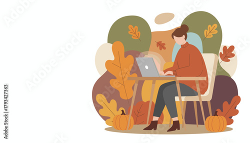 Woman working on laptop outdoors in cozy autumn setting surrounded by fall leaves and pumpkins