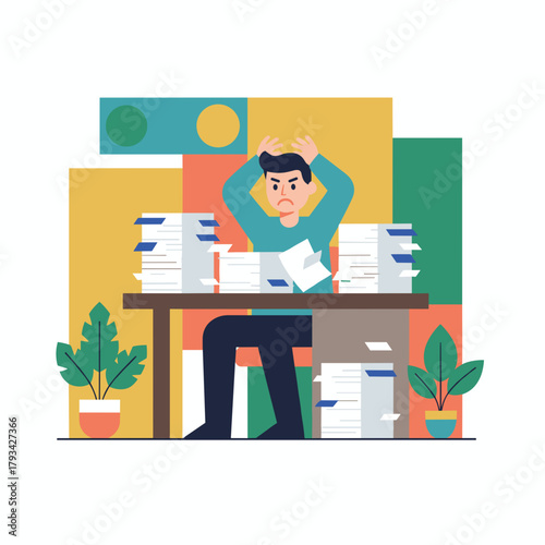 Stressed worker overwhelmed by stacks of paperwork symbolizing burnout pressure and tight deadlines