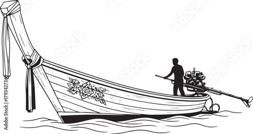 Silhouette of a Longtail Boat with a Man and Engine