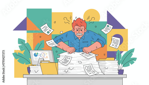 Stressed worker dealing with workload overload and anger from paperwork pile on the office desk
