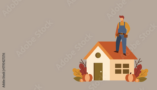 Roofer standing on an autumn house symbolizing home repair renovation or seasonal maintenance