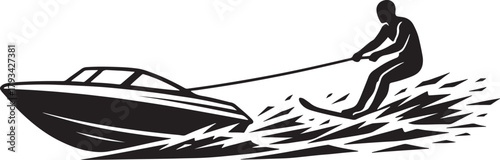 Silhouette of a person water skiing behind a boat