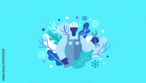 Professional technician in uniform holding a wrench HVAC repair and industrial maintenance illustration