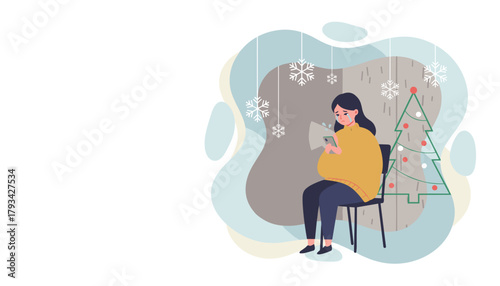 Lonely woman crying while using smartphone next to a Christmas tree holiday depression illustration
