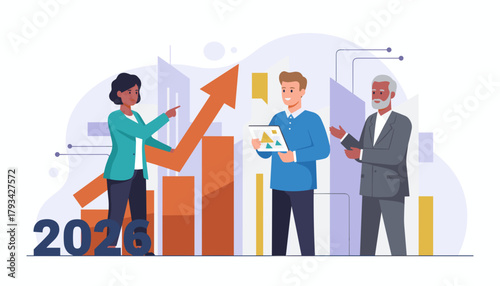 Business people planning 2026 financial goals showing successful growth and collaboration