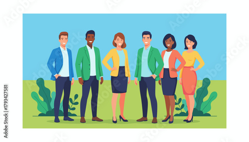 Diverse team of smiling professionals standing outdoors Corporate staff business collaboration and HR