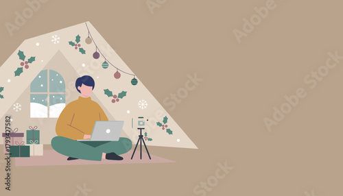 Cozy remote work Man vlogging or working on a laptop in a festive winter tent illustration