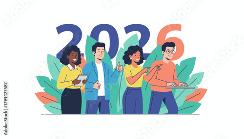 Diverse business team planning 2026 goals with technology and collaboration celebrating the future