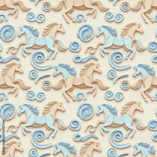 Soft pastel paper-cut style pattern featuring layered horses and swirling shapes. Gentle 3D crafted look ideal for kids decor, textiles, and packaging. Vector illustration