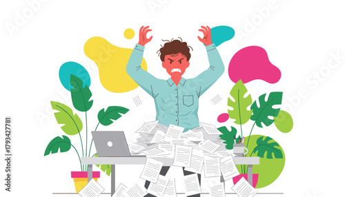 Angry man buried under excessive paperwork at his desk symbolizing stress and burnout