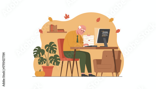 Stressed senior man overwhelmed by excessive paperwork during the busy autumn season