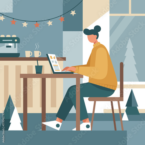 Woman works remotely on laptop enjoying coffee in a cozy room decorated for winter holidays