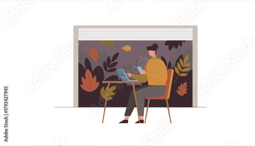 Digital nomad working on laptop and phone in a cozy interior with autumn foliage view