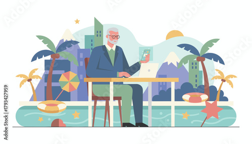 Senior businessman works remotely with smartphone and laptop in a tropical cityscape illustration