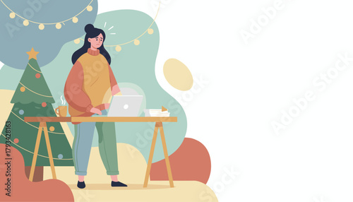 Stressed woman working on laptop during holidays with Christmas tree background Work pressure