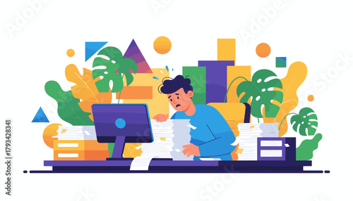 Overworked employee suffering from burnout overwhelmed by massive paperwork piles and office stress