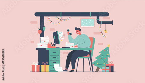 Stressed employee handles excessive work and calls during the busy Christmas holiday season