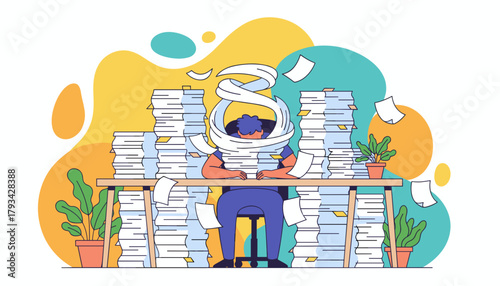 Overworked employee buried in massive stacks of documents Stress and bureaucracy concept illustration