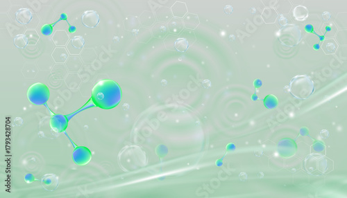 Molecular structure background with floating 3D molecules and soft green gradient.Vector Futuristic backgroud for skincare,science,biotech,cosmetic product presentation