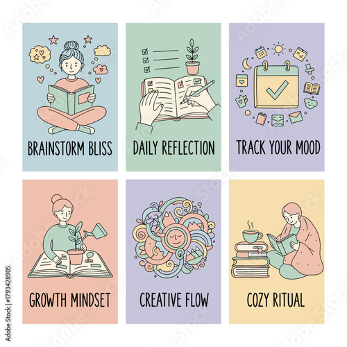 Cute vector set of selfcare posters for mental health personal growth daily habits and mindfulness