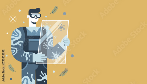 Smiling worker holds window glass pane with snowflakes Winter home service repair or installation illustration