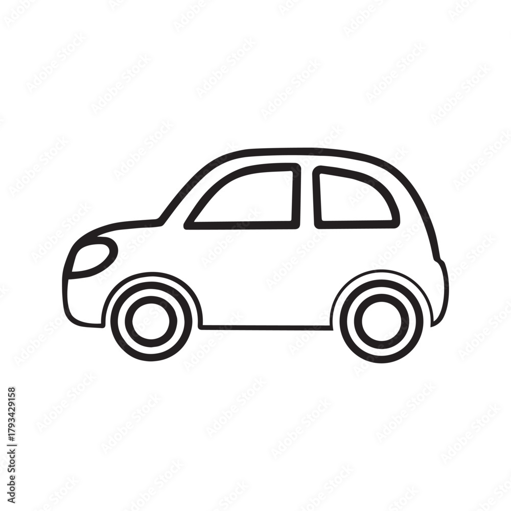Fototapeta premium Simple black line art icon of a small, cute cartoon car