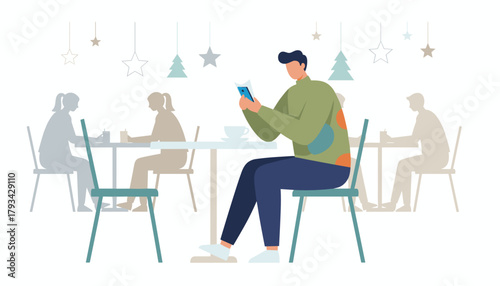 Young man enjoying coffee and browsing his smartphone in a modern holidaydecorated cafe