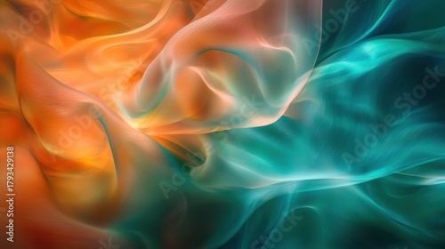 Light transmission curves flowing gradient abstract waves smooth surfaces orange teal curved perspective luminous macro photography