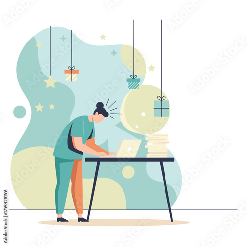 Focused professional working overtime on a laptop amidst festive decorations and high paper workload