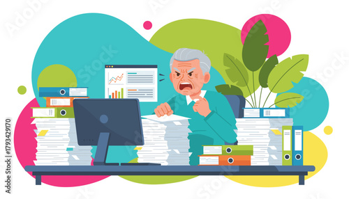 Angry senior worker buried in stacks of paperwork at the office screaming from stress and overwork
