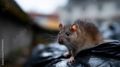 A hyper-realistic close-up scene of a wet brown rat standing on top of black plastic garbage bags in a damp, dirty alley. Moisture glistens on the ratâs fur and on the shiny surfac