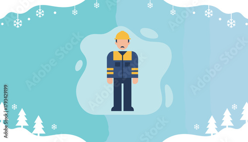 Industrial worker in safety uniform and hard hat on a stylized blue winter background with snow and trees