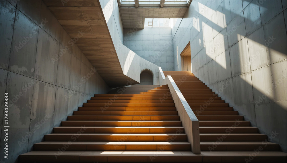 Fototapeta premium Modern concrete staircase with dramatic sunlight and shadows
