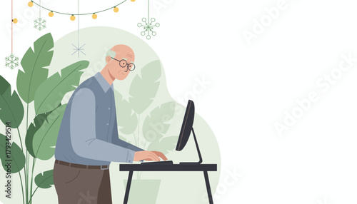 Elderly man typing on a desktop computer Vector illustration for technology and remote work