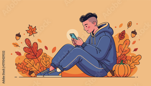 Young person in autumn using a smartphone surrounded by pumpkins and fall leaves Digital lifestyle