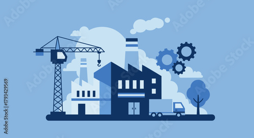 Industrial factory complex illustration with crane gears and truck symbolizing manufacturing and logistics